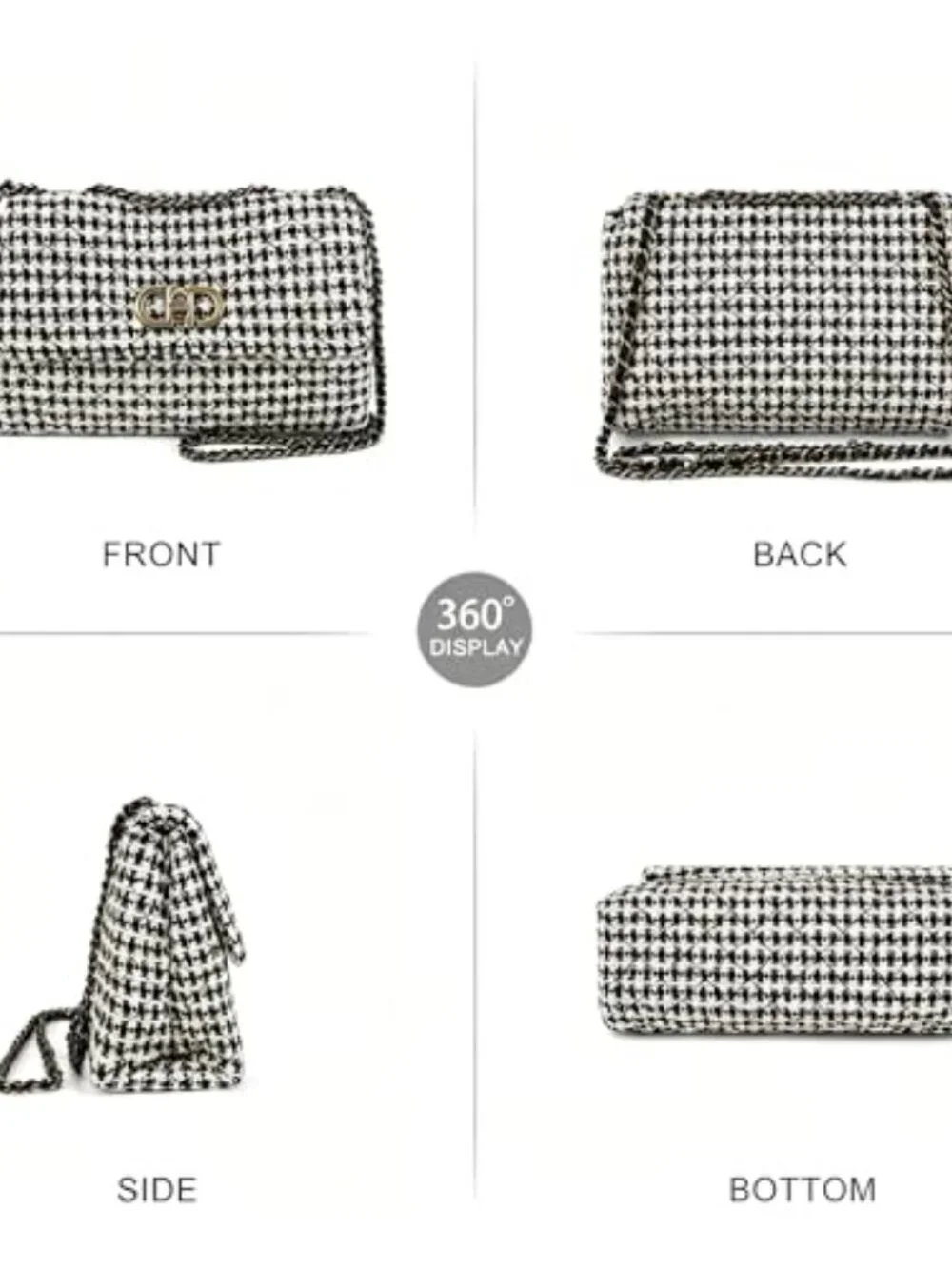 Tweed Quilted Crossbody Bag with Leather Chain, Evening Clutch for Weddings